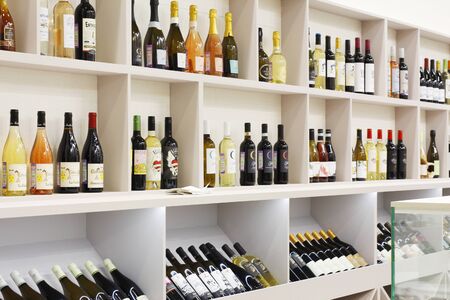 Moscow, RF, 02.10.2020: Wine bar with bottles of wine. Many different bottles of wine and champagne....