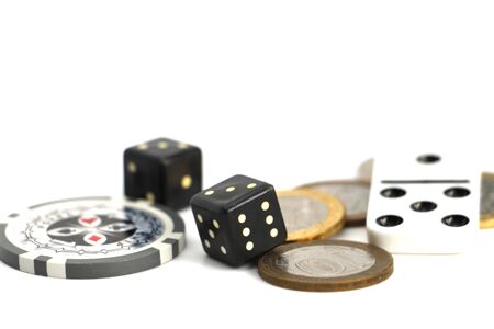 The concept of gambling addiction. Chips, game blocks. Games in a casino. As a symbol of the coin...