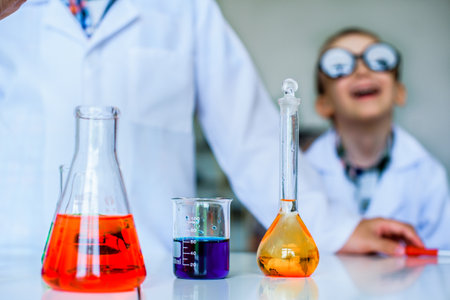 Chemistry laboratory. Conducting a chemical experiment. Experiments in the laboratory. Flasks and...