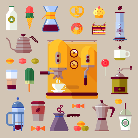 Modern colorful coffee maker flat icons set.のイラスト素材