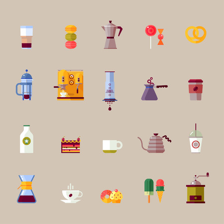 Colorful coffee maker vector flat icons set. Modern icons for coffee shop with french press, aeropress, chemex. Vector isolated illustrationのイラスト素材