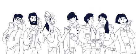 Modern people talking, listening to music and taking selfies with a smartphone. Mobile phones communication technology flat vector illustration isolated on white background.のイラスト素材