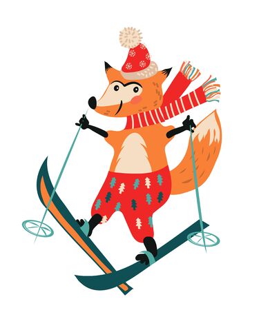 Christmas and New Year winter fox skiing cartoon character for greeting cards flat vector illustration isolated on white background. Cute animal for Xmas design.のイラスト素材