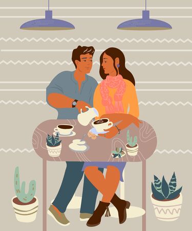 Cute romantic couple or friends sitting at table, drinking tea or coffee and talking. Young man and woman dialog or conversation at cafe on date. Flat cartoon vector illustration.のイラスト素材