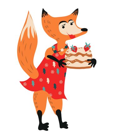 Christmas and New Year winter fox with cake cartoon character for greeting cards flat vector illustration isolated on white background. Cute animal for Xmas design.のイラスト素材