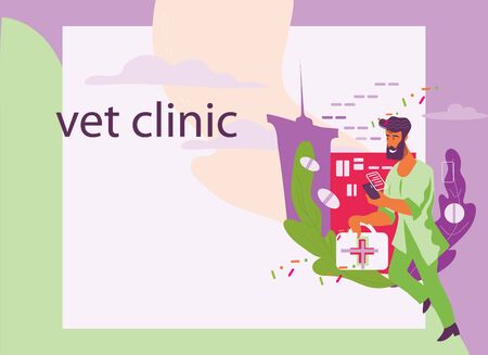 Veterinary clinic and pets care web site template. Vet doctor cartoon character rushing to help. Medical animals help service, landing page design flat vector illustration.のイラスト素材