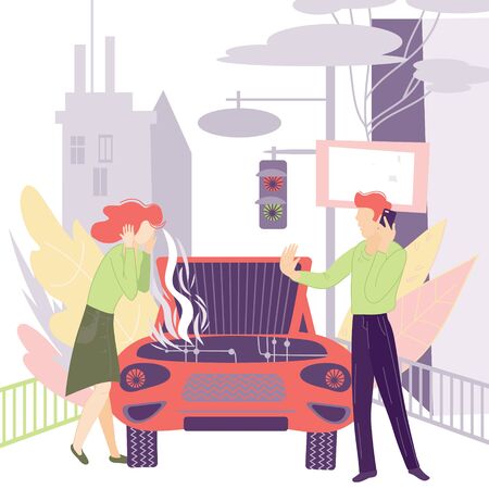 Woman shocked by car problems and man calling to car repair service, flat cartoon characters. Vehicle workshop, evacuator on smartphone app. Automobile insurance Agency. Vector Illustration.のイラスト素材