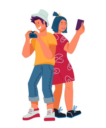 Tourists couple, people cartoon characters with gadgets traveling and taking picture on camera and smartphone. Tourism and Journey, Active Vacation and Holidays, flat vector illustration isolated.のイラスト素材