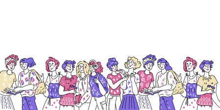 Banner with group of diverse women cartoon characters and copy space for text. Female friendship, womens day and feminism concept. Vector illustration in sketch style.のイラスト素材