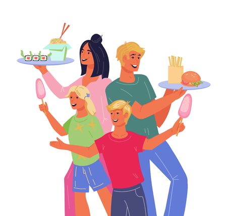 Food festival and street canteen concept with cheerful people carrying trays with various dishes. Family visiting cuisine culinary festival or self service restaurant. Flat vector illustration.のイラスト素材