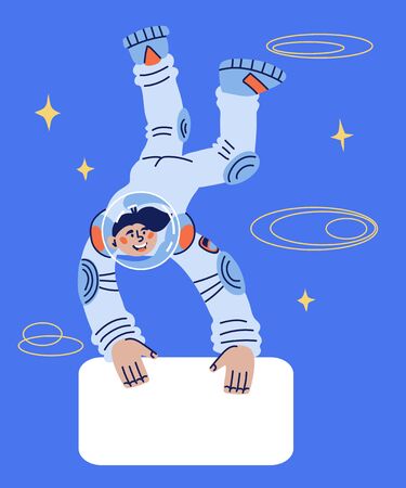 Banner template on cosmos exploring topic with astronaut holding board for text placing. Space researches and science, planetarium lecture or lesson invitation. Flat cartoon vector illustration.のイラスト素材