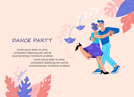 Dance party invitation card or banner with couple dancing, vector illustration in trendy flat cartoon style isolated. Dancing club or classes poster template.のイラスト素材