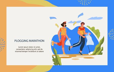 Plogging marathon banner template with running people picking up trash into litter bags. Ecology environment conservation and recycling, zero waste. Flat cartoon vector illustration isolated.のイラスト素材