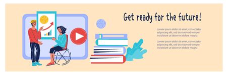 Banner for Disability Day with disabled woman in wheelchair getting online education. Accessibility and occupation for handicapped persons with reduced mobility. Vector cartoon illustration.のイラスト素材
