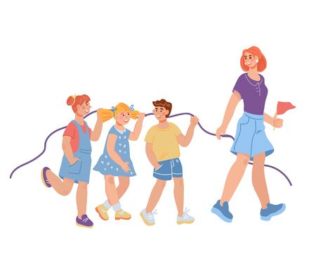 Kindergarten or primary school children with teacher cartoon characters walking. Elementary school kids education and early development concept. Flat cartoon vector illustration isolated.のイラスト素材