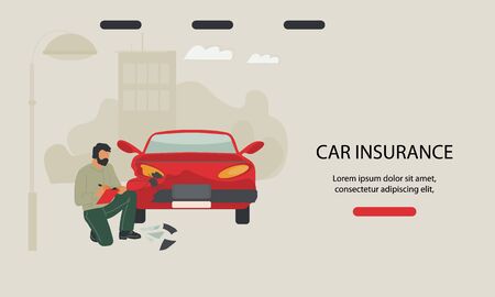 Car insurance service website banner template with agent filling out a car accident application form. An accident inspector examines vehicle damage. Flat vector illustration.のイラスト素材