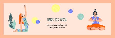 Yoga fitness classes and meditation courses banner or flyer with exercising women cartoon characters. Body, mind and soul workout concept. Flat vector illustration.のイラスト素材