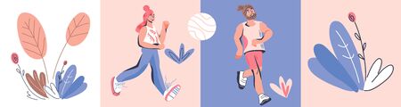 Marathon race runners characters of running men and women wearing sportswear. Run competition and sport activity banner. Cartoon vector illustration in trendy style.のイラスト素材