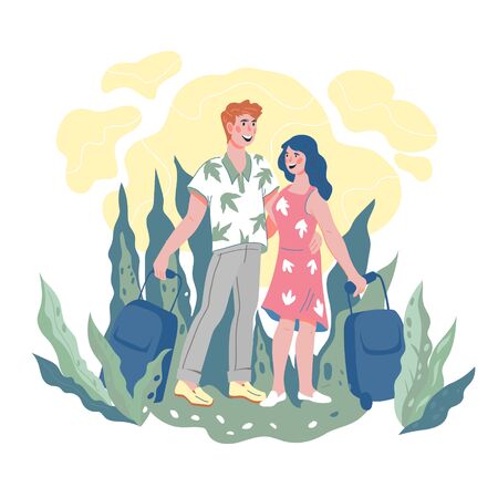 Couple vacation and joint holidays topic with cartoon characters of man and woman holding suitcases. Young tourists couple traveling together. Flat vector illustration isolated.のイラスト素材