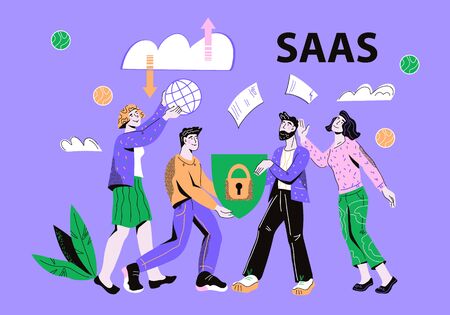 Saas Software as service or on-demand concept with people characters. Cloud computing technology. Website banner layout template for webpage vector illustration.のイラスト素材