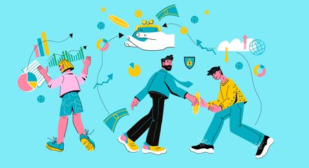 Money transfers and online secure transaction banner with tiny people making electronic payments and tracking the process of moving money. Cartoon vector illustration.のイラスト素材