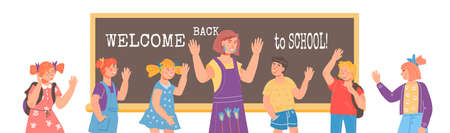Back to school horizontal banner template with with school children and their teacher waving hands. Elementary or primary schooling, flat vector illustration isolated.のイラスト素材