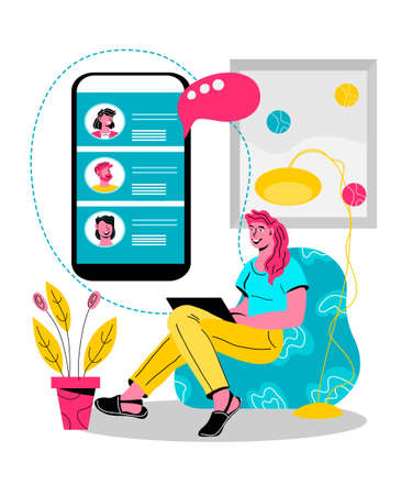 People chatting online via computer networking, social media communication and internet connection, online chat or virtual conference, cartoon vector illustration isolated.のイラスト素材