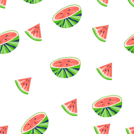 Summer seamless pattern design with halves and slices of watermelon, decorative repeatable texture for fabric and print. Flat vector illustration on white background.のイラスト素材