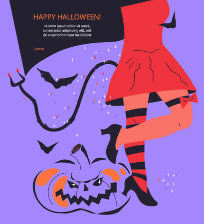 Invitation for Halloween party with legs of girl dressed in carnival costume of devil and copy space for text. Halloween banner or poster template cartoon illustration on purple background.のイラスト素材