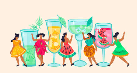 Web banner for cocktail summer party and cocktails bar with attractive women among fruit beveragesのイラスト素材