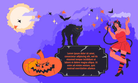 Halloween Party poster or banner with dressed as demon woman and black cat characters on purple background.のイラスト素材