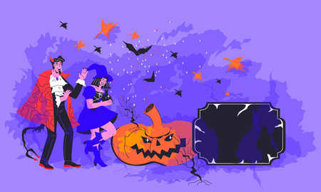 People dressed in Halloween fancy dress on website banner template for holiday party.のイラスト素材