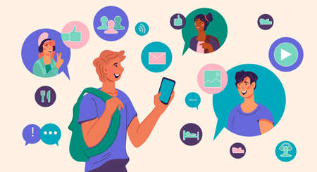 Tourists feedback application banner with traveling man emailing with other people and getting recommendation about tourists places, flat vector illustration.のイラスト素材