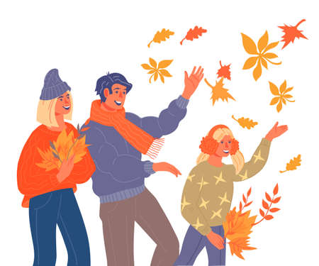 Happy family with child greeting autumn season, flat vector illustration isolated on white background. Cheerful family playing with autumn foliage in leaf fall.のイラスト素材