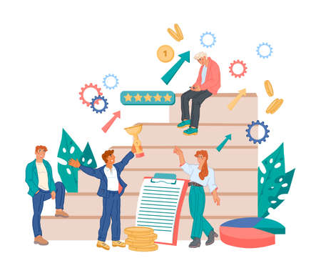Business concept of leadership and successful effective teamwork with people on symbolic career ladder. Business people taking part in business meeting and brainstorming, flat vector illustration.のイラスト素材