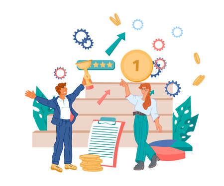 Business concept with company employees engaged in joint work. Rise of career and teamwork...