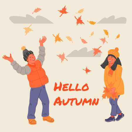 Hello autumn seasonal banner design with happy kids in autumn playing with yellow leaves. Autumn background with little children boy and girl cartoon characters.のイラスト素材
