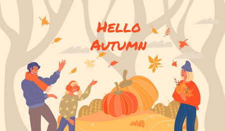 Hello autumn banner template with family choosing pumpkins for Autumn festive dinner. Background for Thanksgiving day or other fall season holidays, flat vector illustration.のイラスト素材