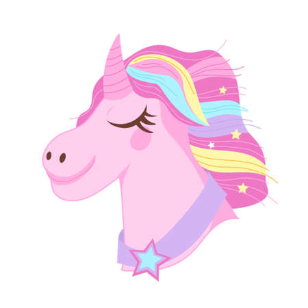 Unicorn with rainbow hair cartoon color icon, flat vector illustration isolated on white. Head of unicorn fantasy horse for stickers or children clothing prints.のイラスト素材
