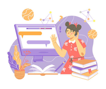 Online education and children distance classes concept with girl character greeting her teacher in distance computer webinar session. E-learning and homeschooling for children vector illustration.のイラスト素材