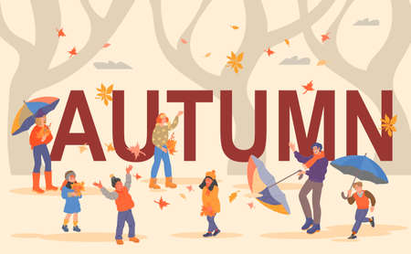 Autumn season background with adults and children people characters, happy with the start of the fall season. Warmly dressed people welcome the coming of autumn, cartoon flat vector illustration.のイラスト素材
