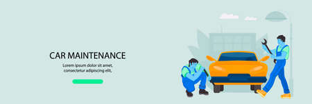 Auto mechanic and car maintenance service banner with cartoon characters of mechanics working in garage. Maintenance and car repair center ad, flat vector illustration.のイラスト素材