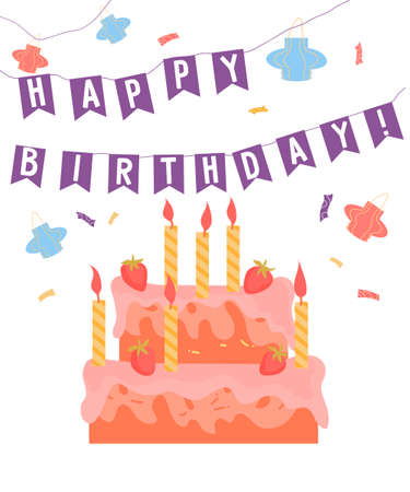 Happy birthday card template with cake and candles, flat vector illustration on white background....