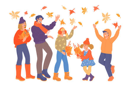 Big family with children on autumn walk. Happy parents and children playing with autumn leaves, flat cartoon vector illustration isolated on white background.のイラスト素材