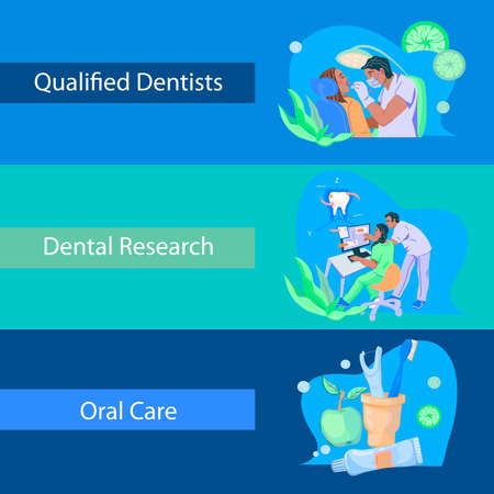 Dentist horizontal banners set with dental clinic and dental care symbols flat vector illustration. Oral care and dentistry service promotion posters for web and print.のイラスト素材
