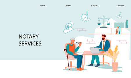 Notary services web banner template with elderly man at notary appointment. Web page with senior person visit lawyer office for signing and legalization testament document, flat vector illustration.のイラスト素材