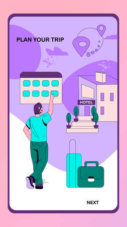 Onboarding screen for online hotel booking application. Accommodation reserving service mobile page template. Man using mobile app to order hotel for traveling, flat cartoon vector illustration.のイラスト素材