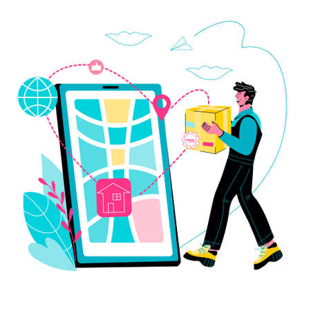 Express delivery courier service man with box in his hands. Service of fast delivery and parcels tracking application concept, flat cartoon  illustration isolated on white background.のイラスト素材