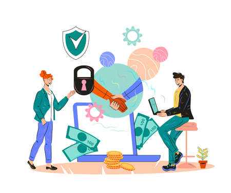 Financial advisor concept with businessman meeting professional specialist for advice. Business consultant analyzing financial documentation of company, flat cartoon vector illustration isolated.のイラスト素材
