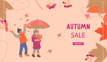 Autumn or fall website banner for shop seasonal sale with cute kids playing with autumn leaves, flat cartoon vector illustration. Colorful background for children goods sale poster or web page.のイラスト素材